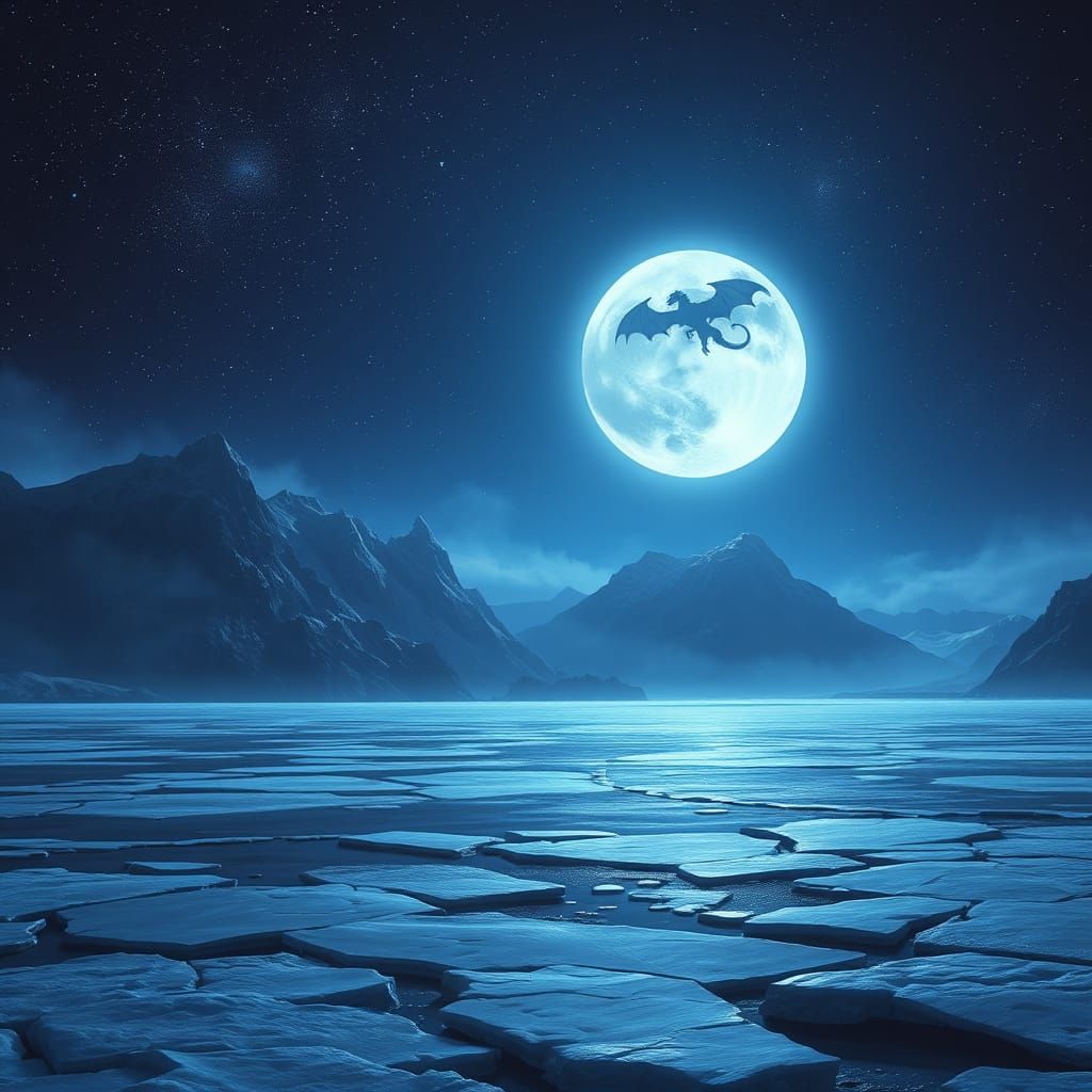 Eerie Frozen Lake Under Pale Moon, Dark Fantasy Art