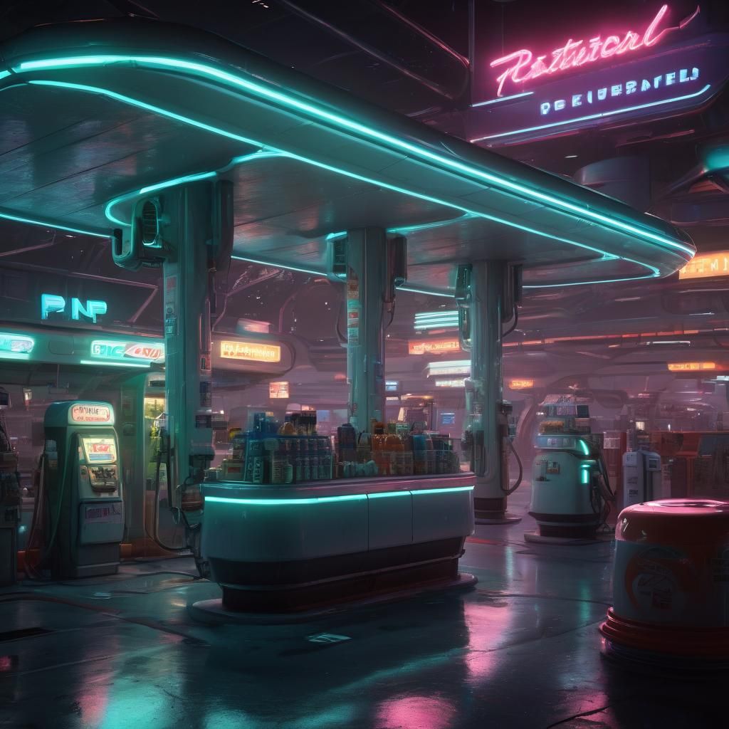 Retro-Futuristic Alien Gas Station in 80s Style