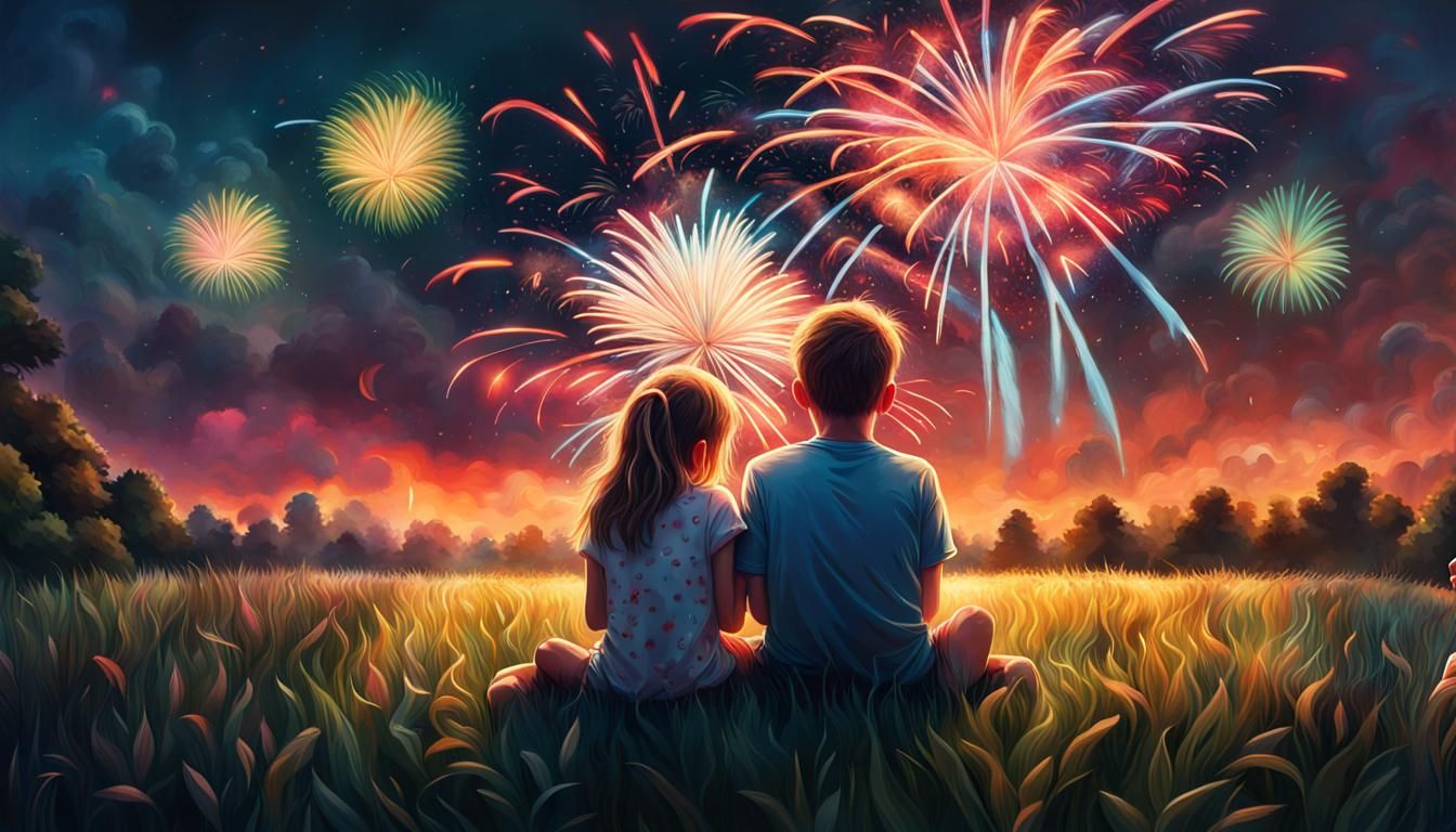 Brother and Sister Watch Fireworks, Digital Matte Painting