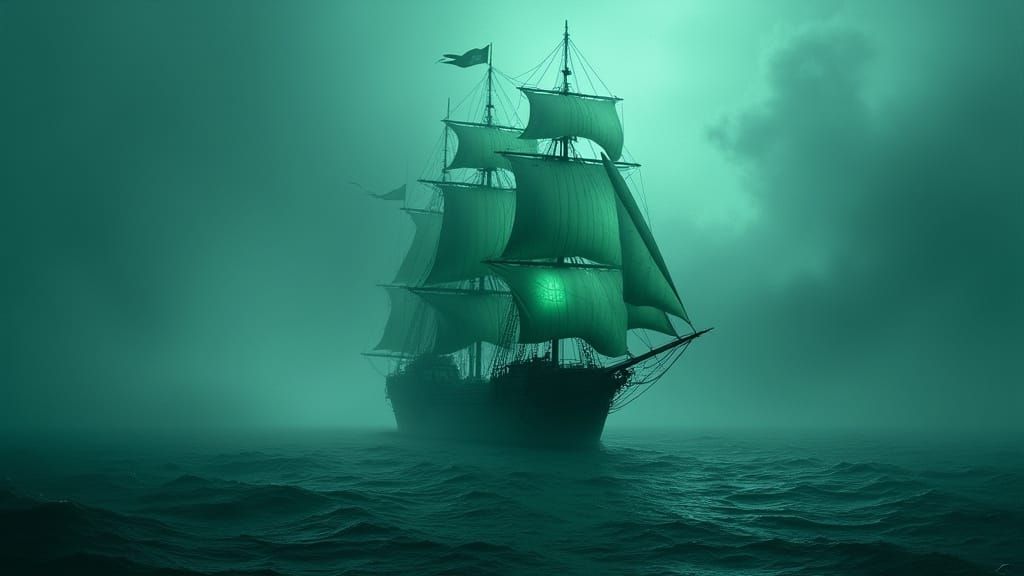 Mysterious Galleon Navigates Ethereal Waters in Dreamlike Sc...