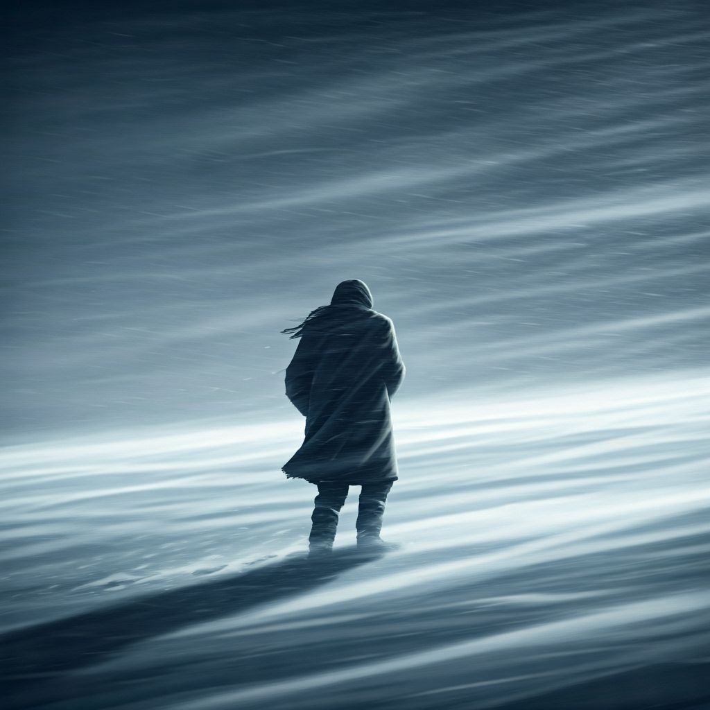 Desolate Winter Snowstorm with Lone Figure in Gritty Style