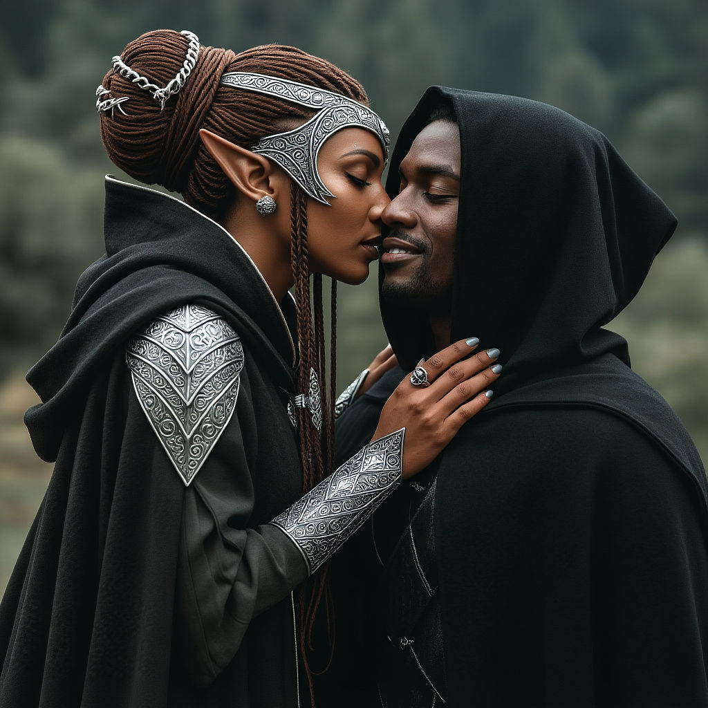 Elegant High Elf Wizard Kiss in a Fantasy Film Still