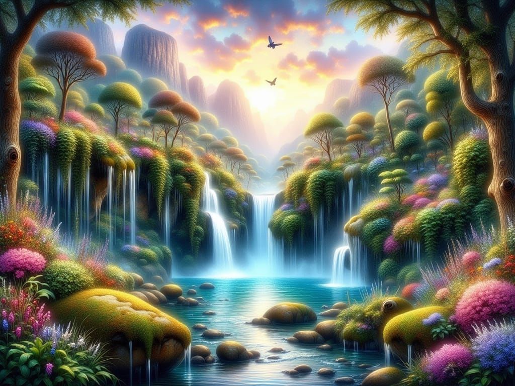 Paradise Landscape with Waterfall and Rainbow
