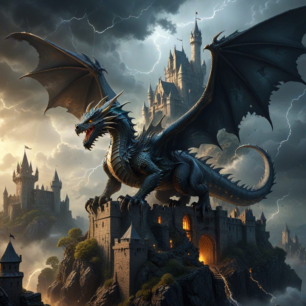 Majestic Dragon Soars Over Medieval Castle in Storm
