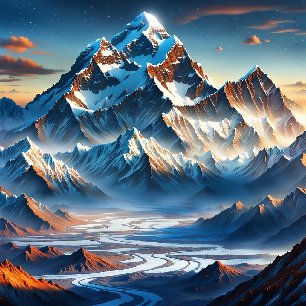 Majestic Fantasy Landscape of Snow-Capped Mount Everest at S...