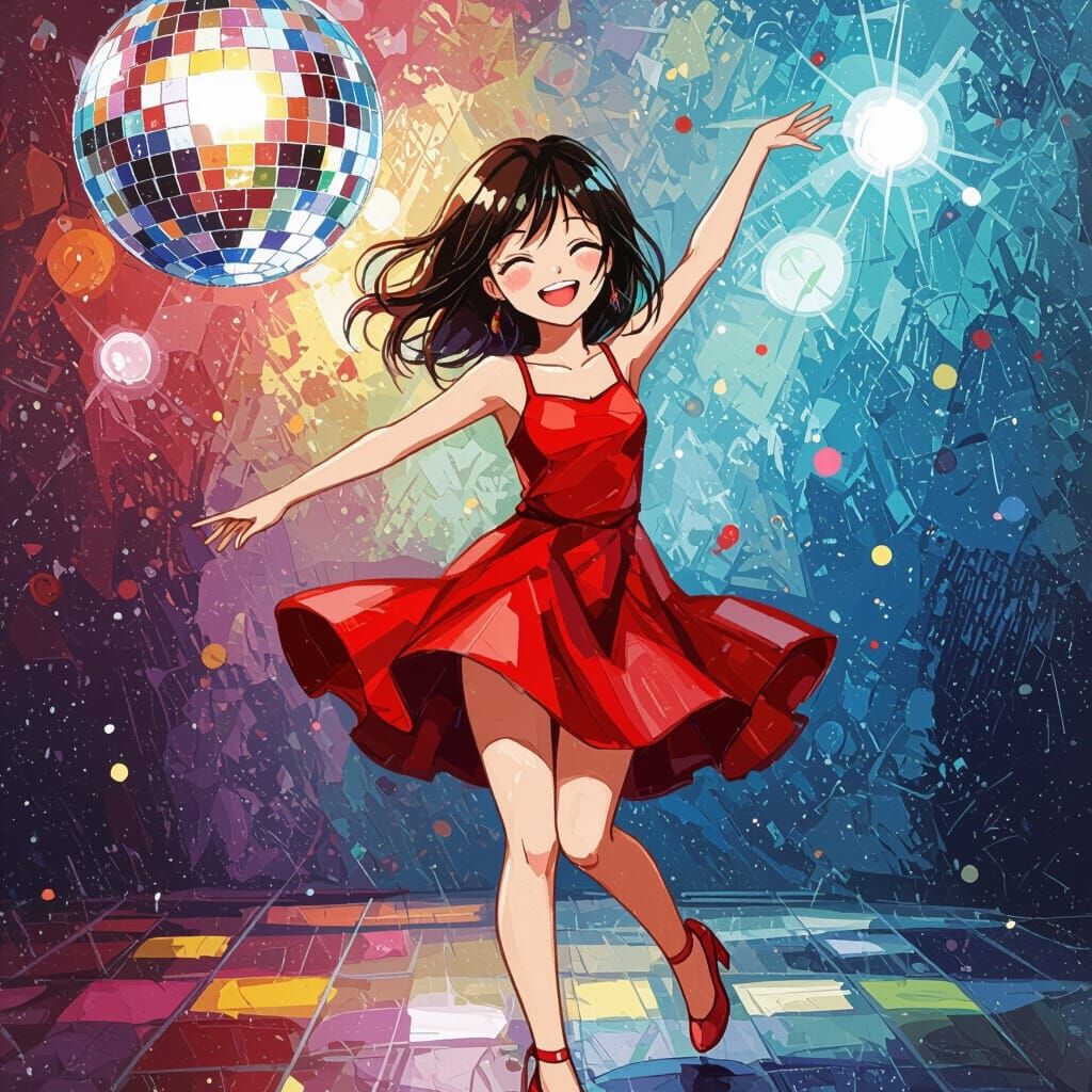 Anime Girl Dancing in Red Dress with Disco Ball - Impasto St...