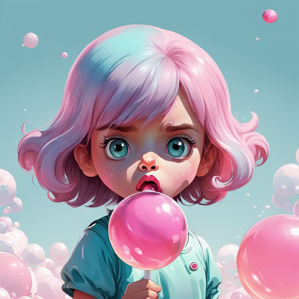 Cartoon Girl Blowing Bubblegum Bubble in Pastel
