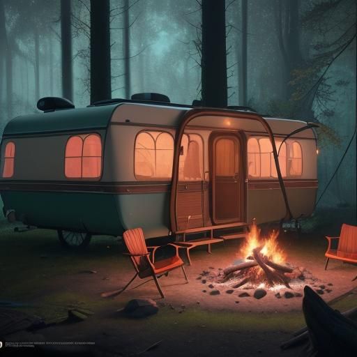 Retro Caravan in Enchanted Woods, Detailed Matte Painting