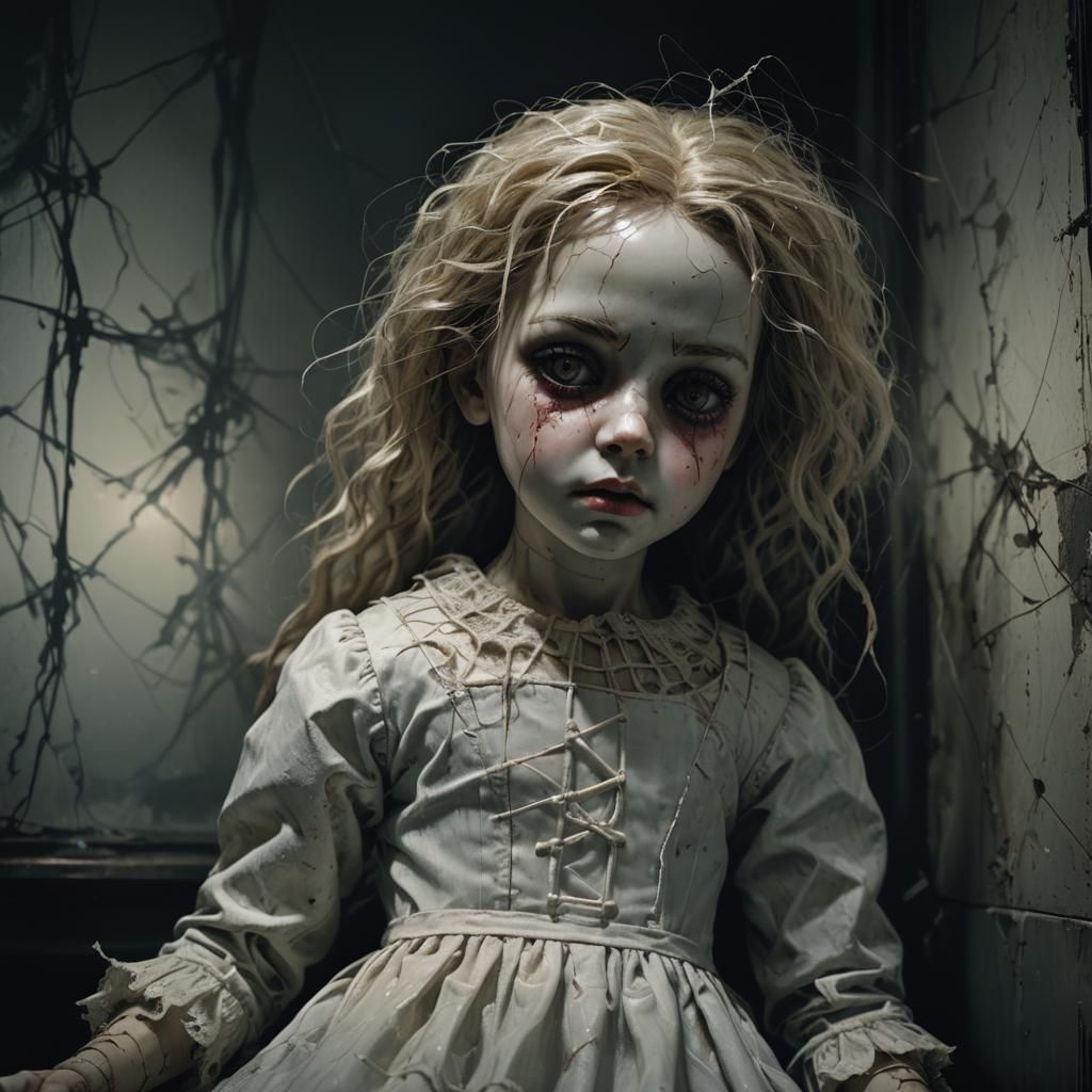 Haunted Porcelain Doll in Dark Bedroom