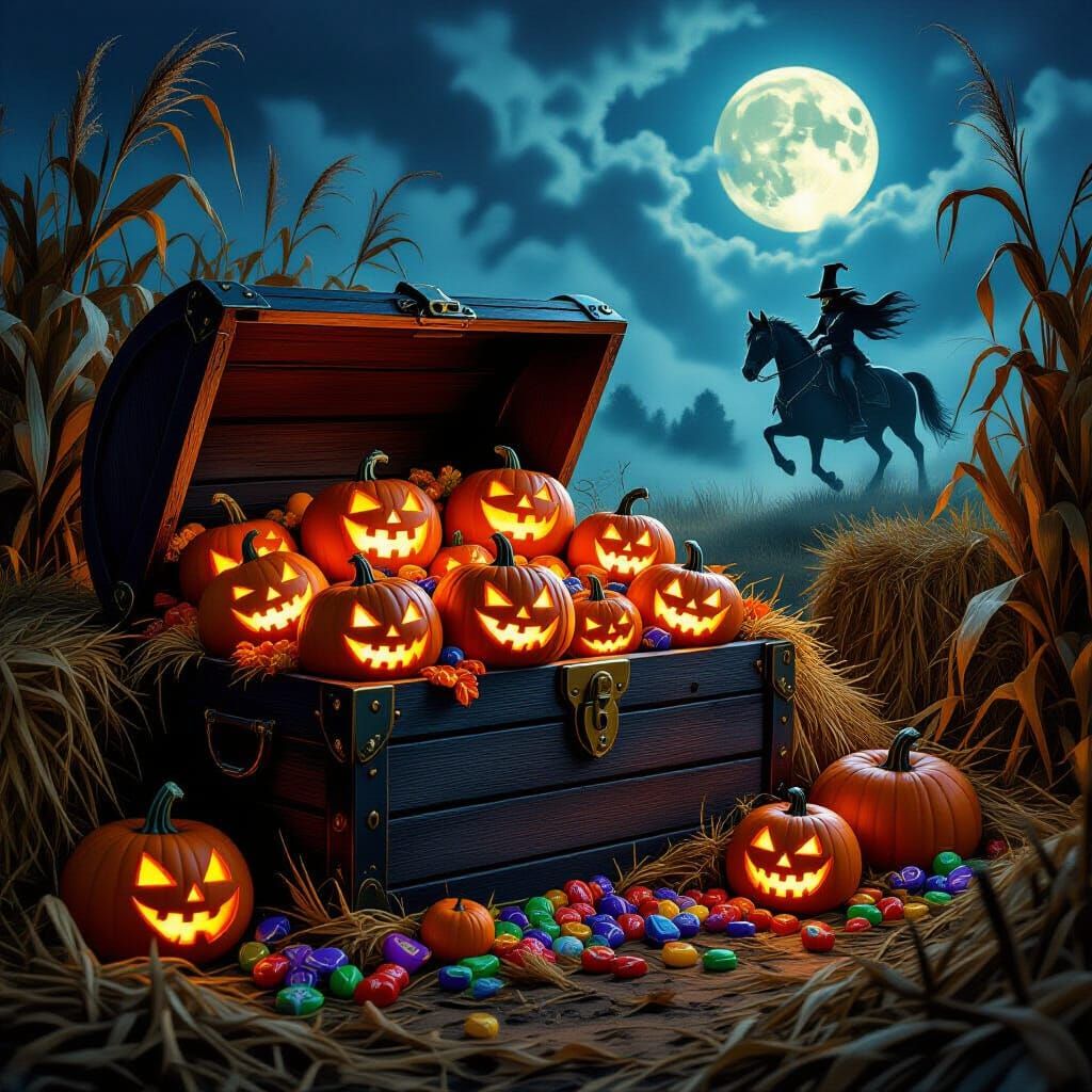 Halloween Treasure Chest: Glowing Pumpkins, Hay, and Candies