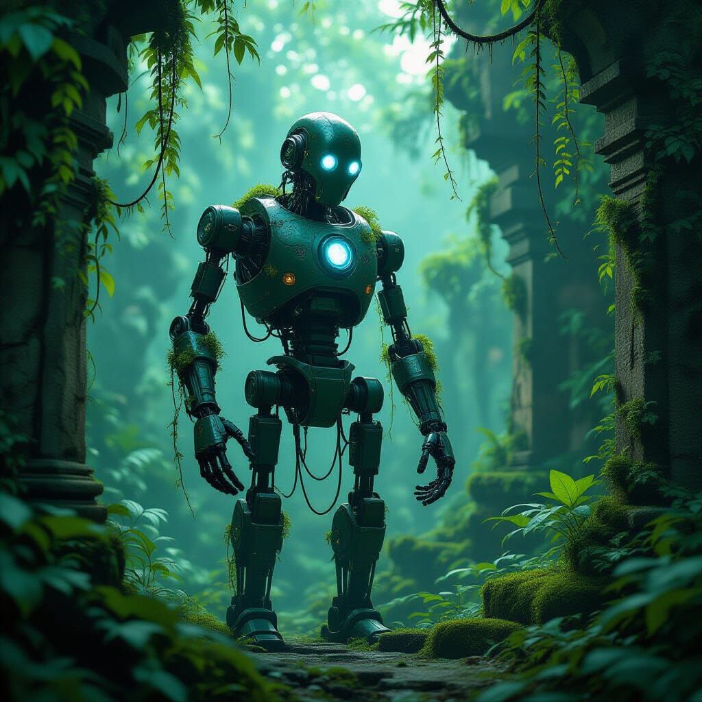 Ancient Automaton Guarding Temple in Bioluminescent Jungle
