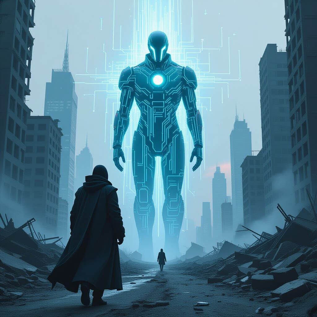 Dystopian AI Entity Dominates War-Torn Cityscape