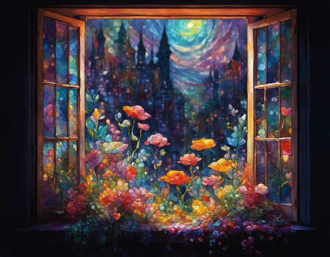 Surreal Stained Glass Fantasy Art with Shimmering Sparkles