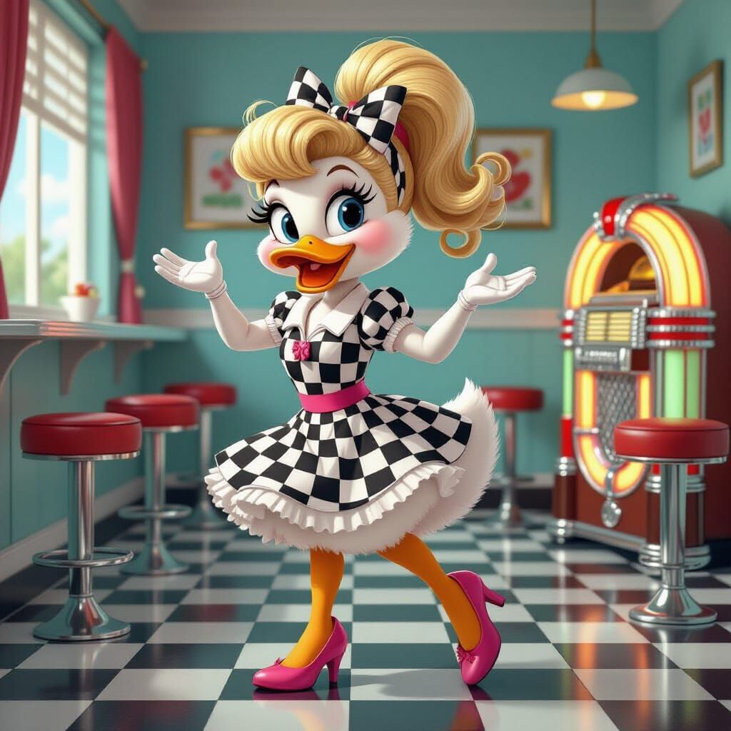 Cartoon Duck Does The Twist in 50s Diner