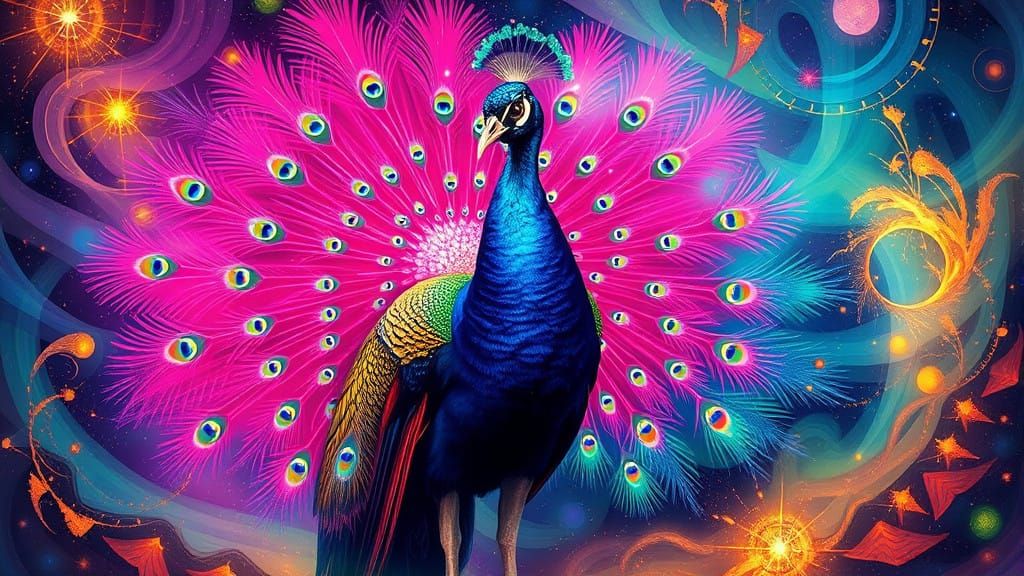Surreal Cosmic Peacock Radiates Ethereal Energy