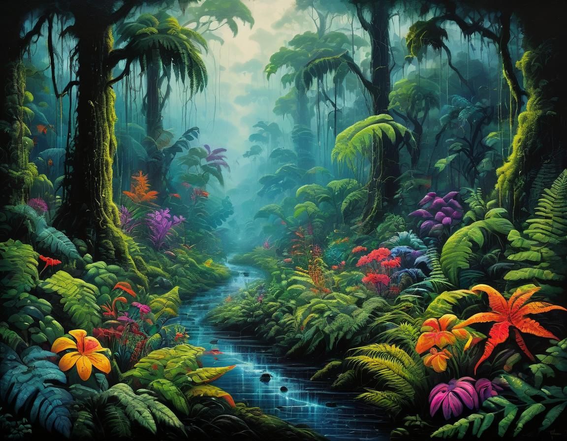Lush Rainforest with Colorful Flowers