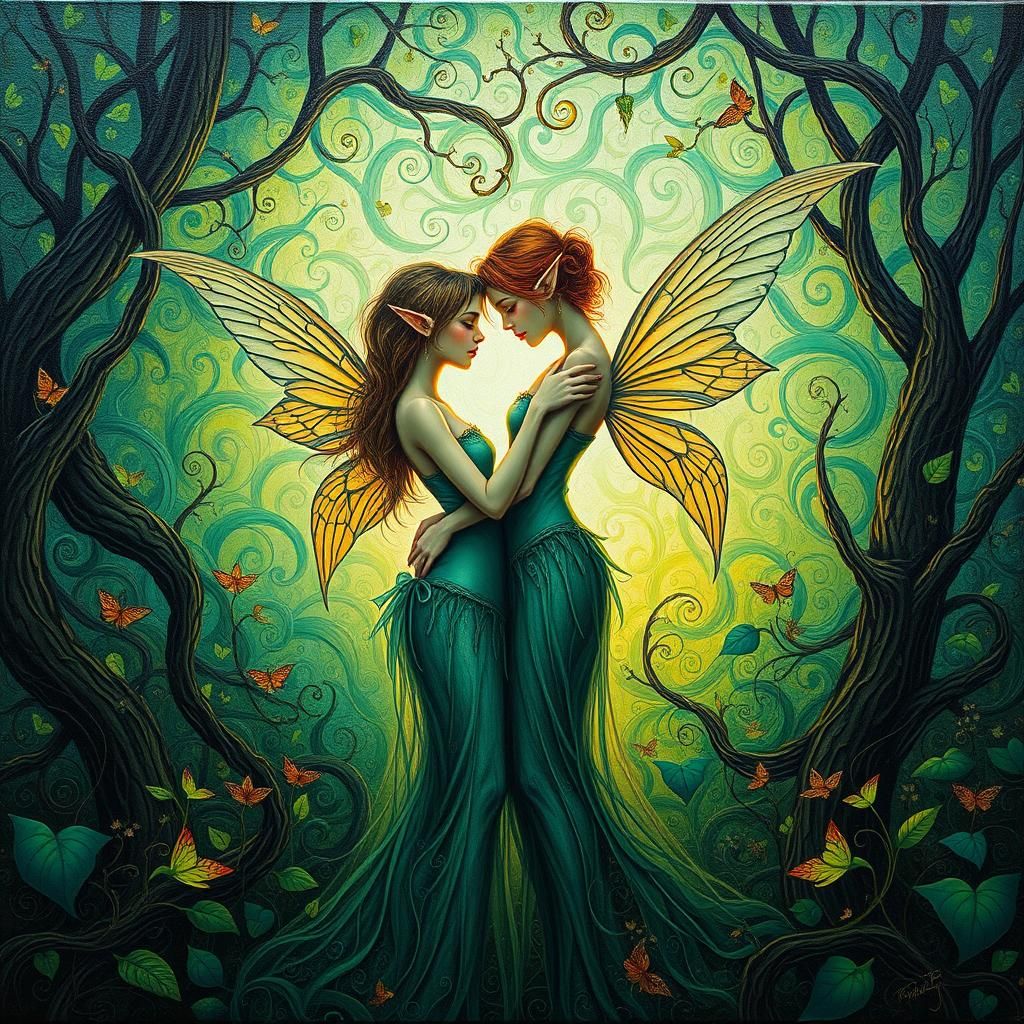Ethereal Elf Couple Embrace in Art Deco Forest