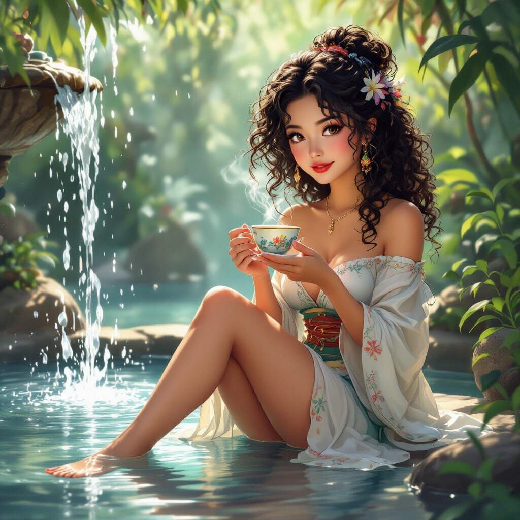 Asian Lady at Fountain in Art Nouveau Style