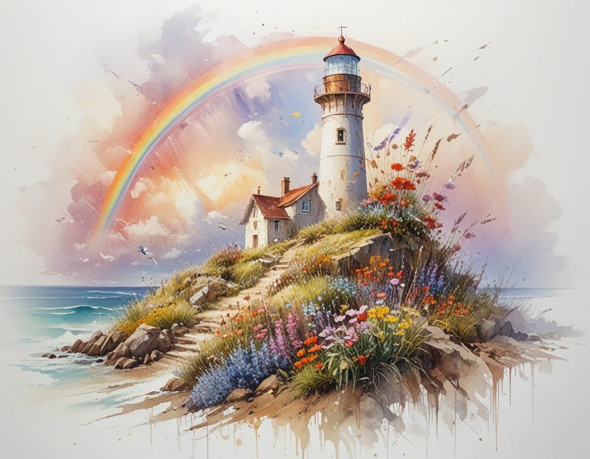 Rainbow Over Lighthouse in Fairytale Oceanscape