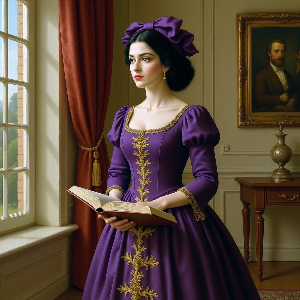 Woman with Purple Bow by Window as Impasto Painting