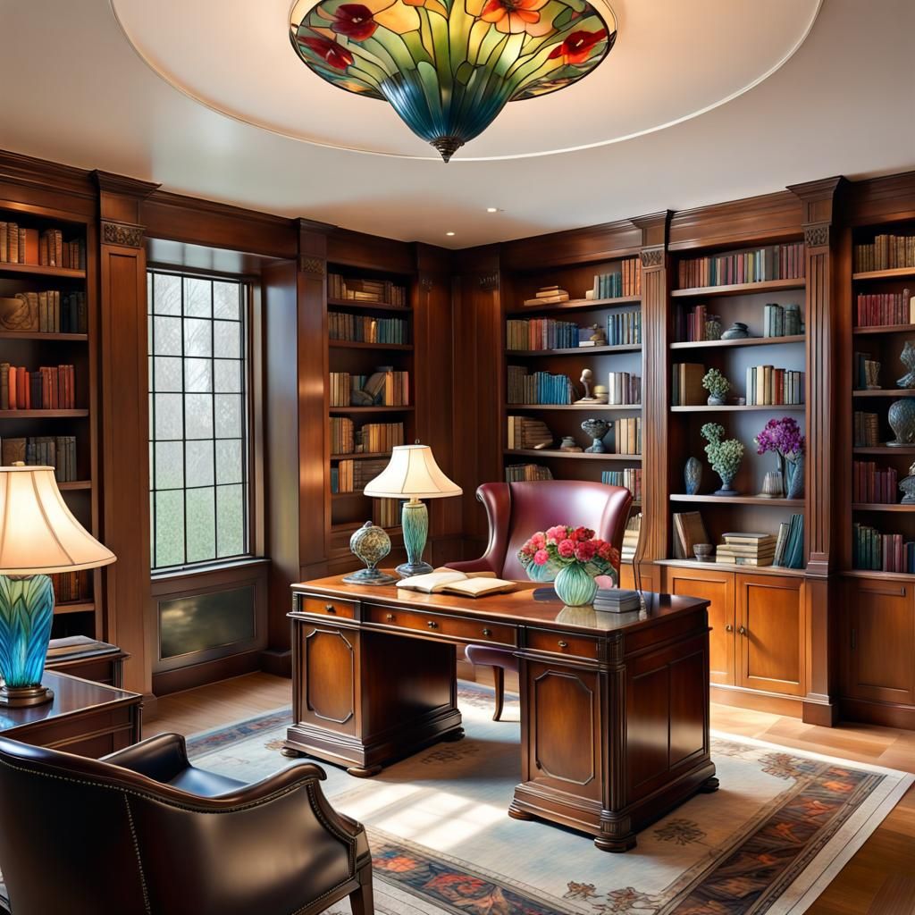 Art Deco Book Library with Tiffany Lamp