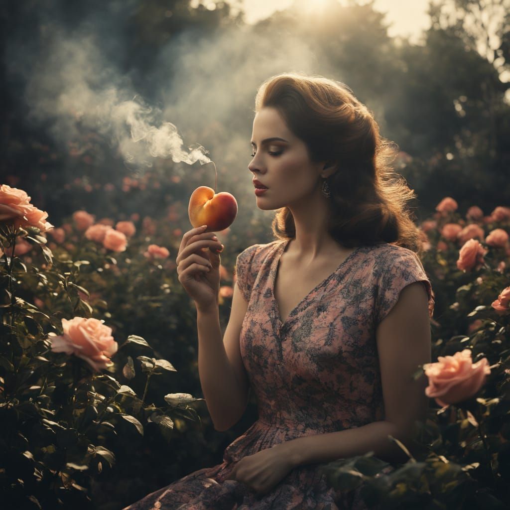 Surreal Vintage Rose Garden Scene with Lana Del Rey