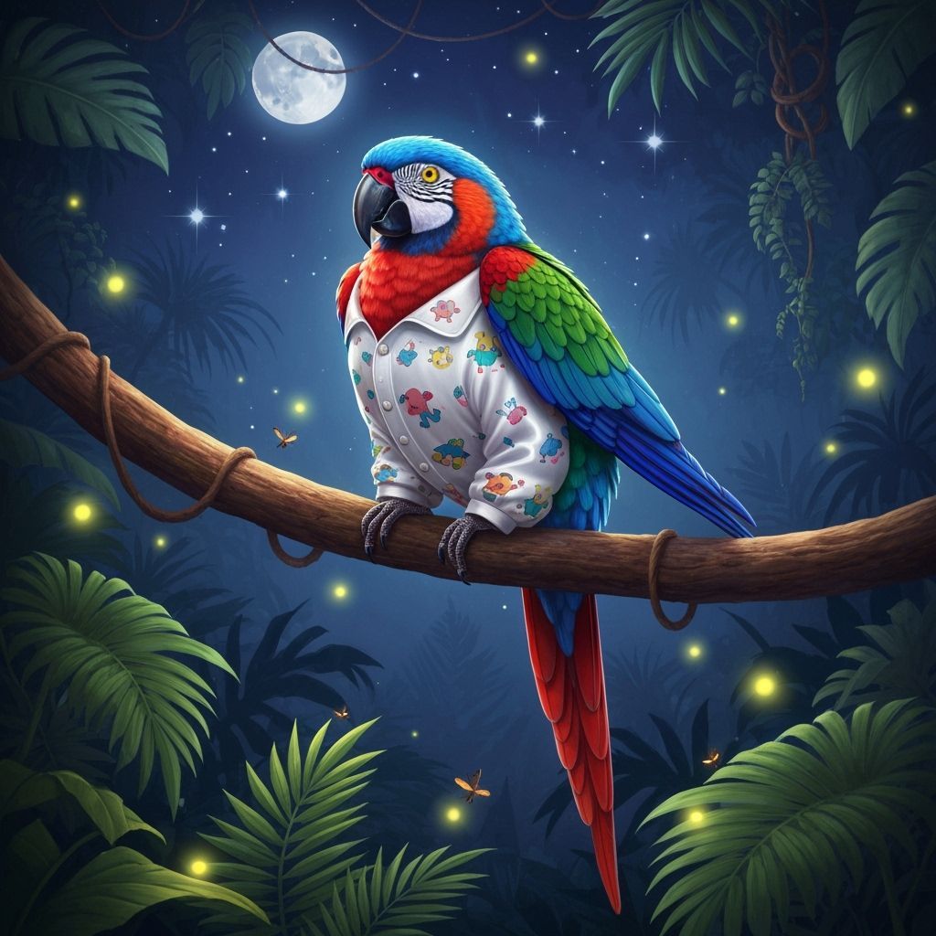 Parrot in Night Suit on Tropical Branch, Hyper-Realistic Sty...