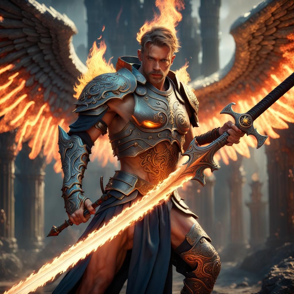 Warrior Angel with Flaming Sword in Detailed Matte Painting