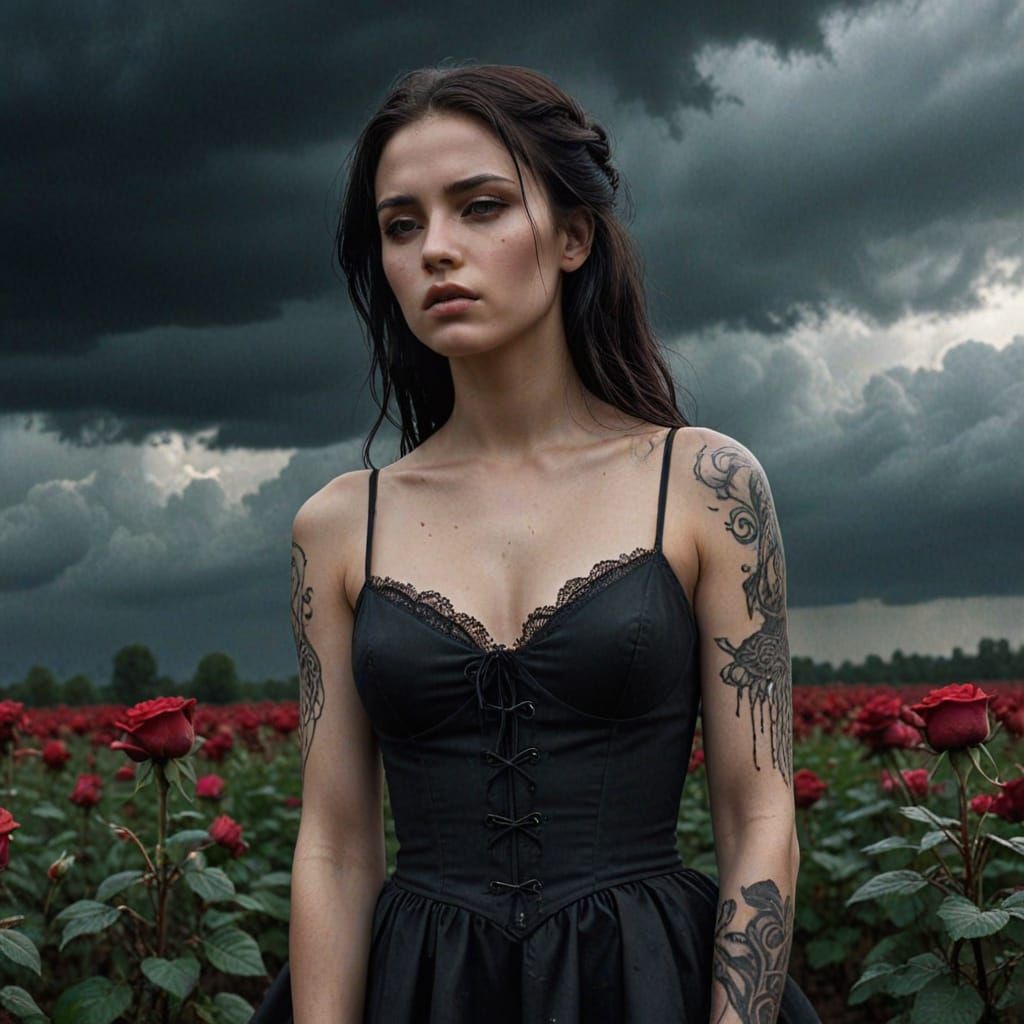 Ethereal Woman with Dark Tattoos in Rose Field
