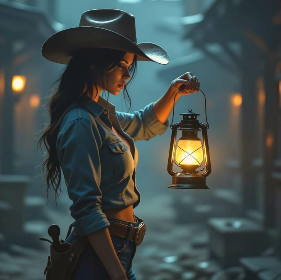 Cowgirl with Lantern in Dim Station, Detailed Illustration