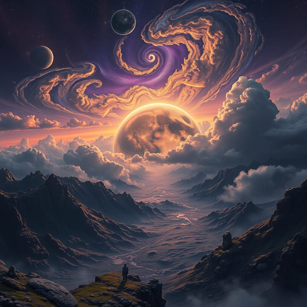 Galactic Fantasy Planet with Swirling Clouds and Vibrant Col...