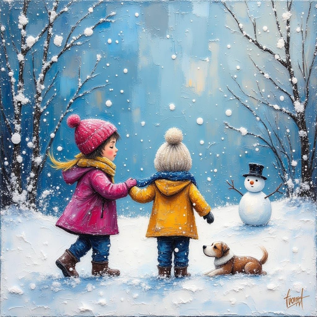 Abstract Winter Scene: Children's Snowball Fight