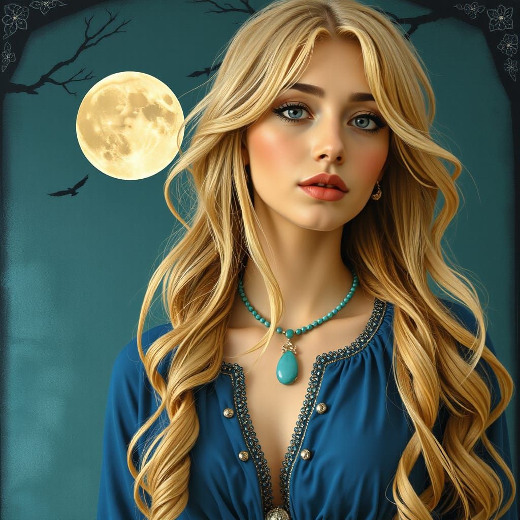 Enchanting Woman with Turquoise Pendant, Art Nouveau Style