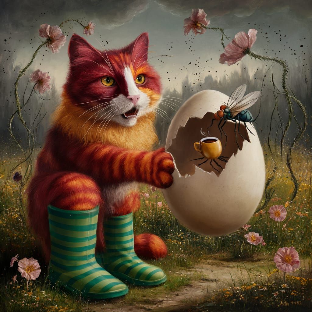 Surreal Cat with Coffee-Drinking Fly in Dreamy Meadow