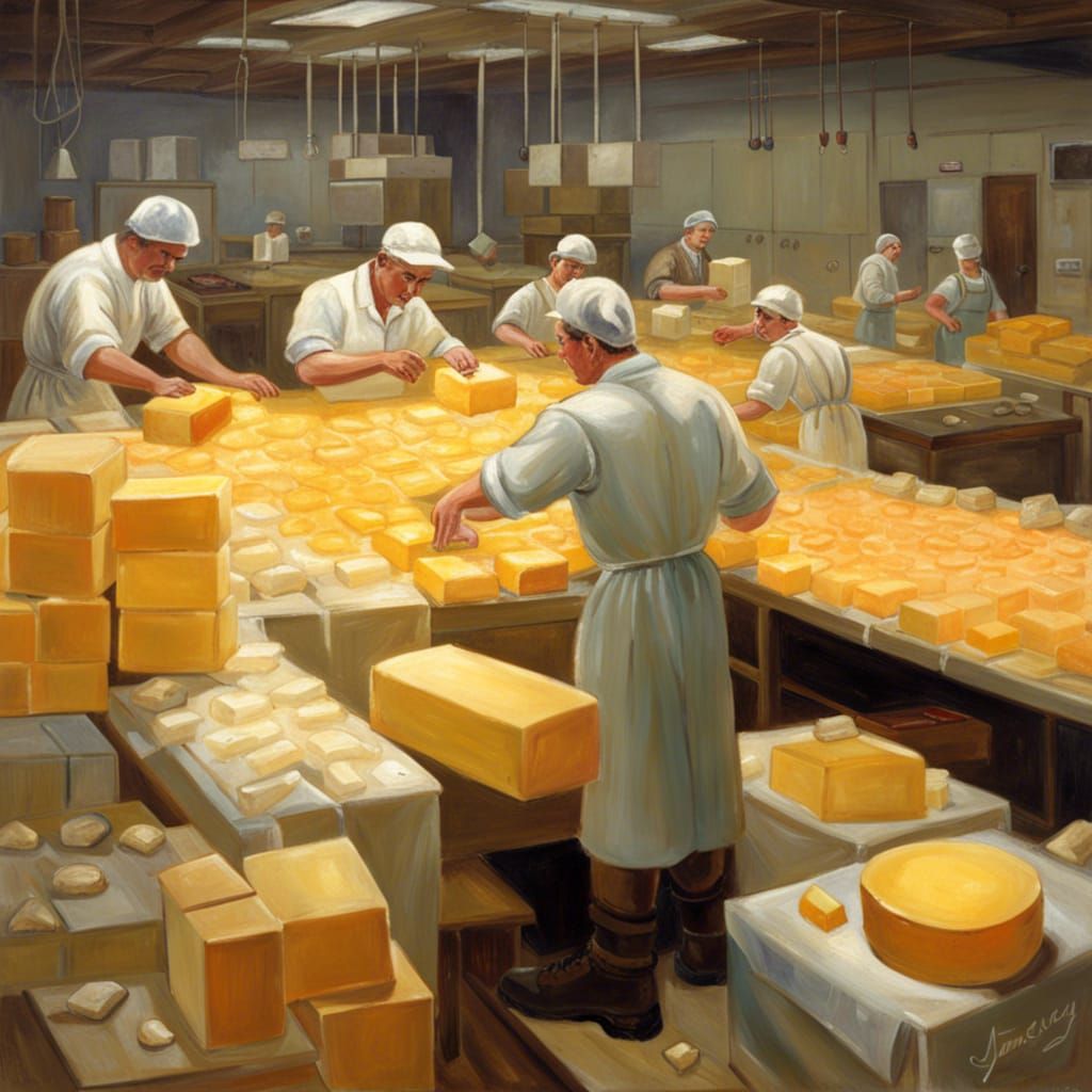 Cheese Factory Workers: An Oil Painting