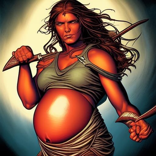 Pregnant Warrior in Comic Book Art Style
