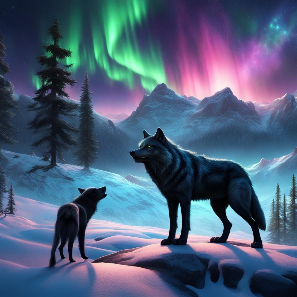 Northern Lights with Black Wolf in Detailed Matte Painting