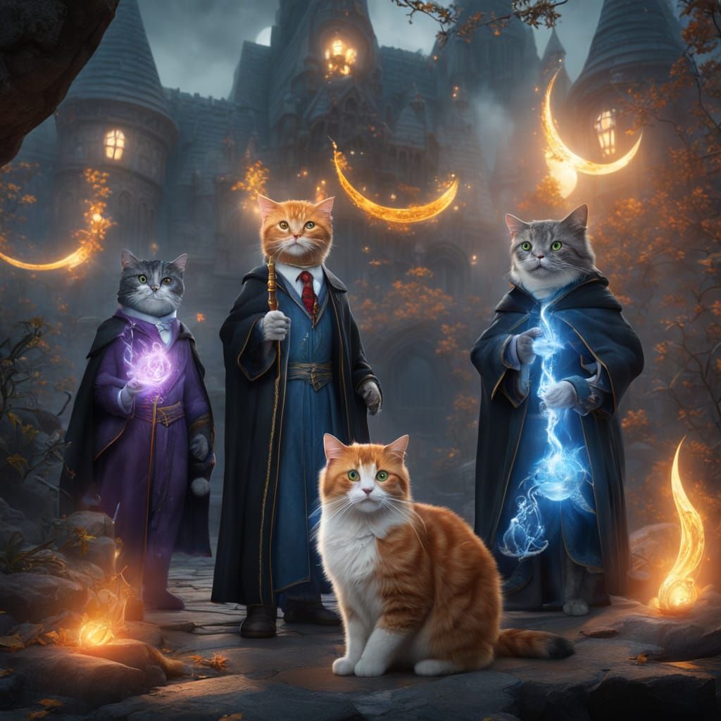 Mystical Wizard Cats Gather Outside Hogwarts Castle Under Mo...
