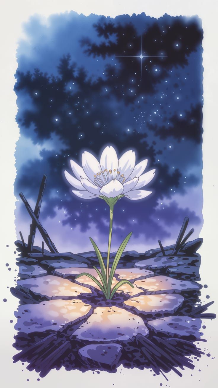 Ethereal Moonflower Blooms Under Starry Night Sky in Anime W...