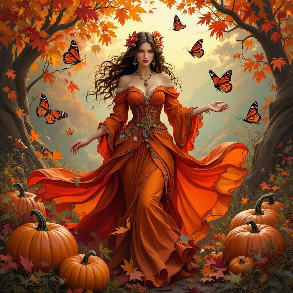 Autumn Goddess with Monarch Butterflies in Matte Painting