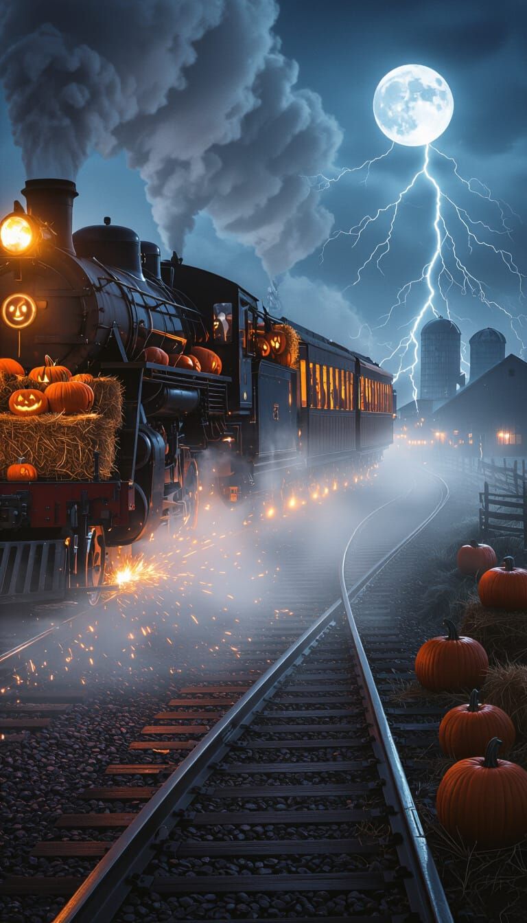 Ghostly Train Hauls Harvest Through Foggy Night