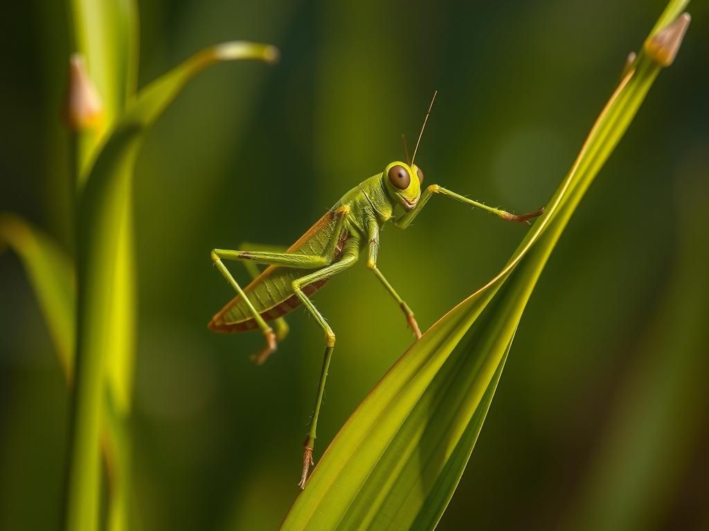 Green Grasshopper Mid-Jump: Macro Photorealistic Image