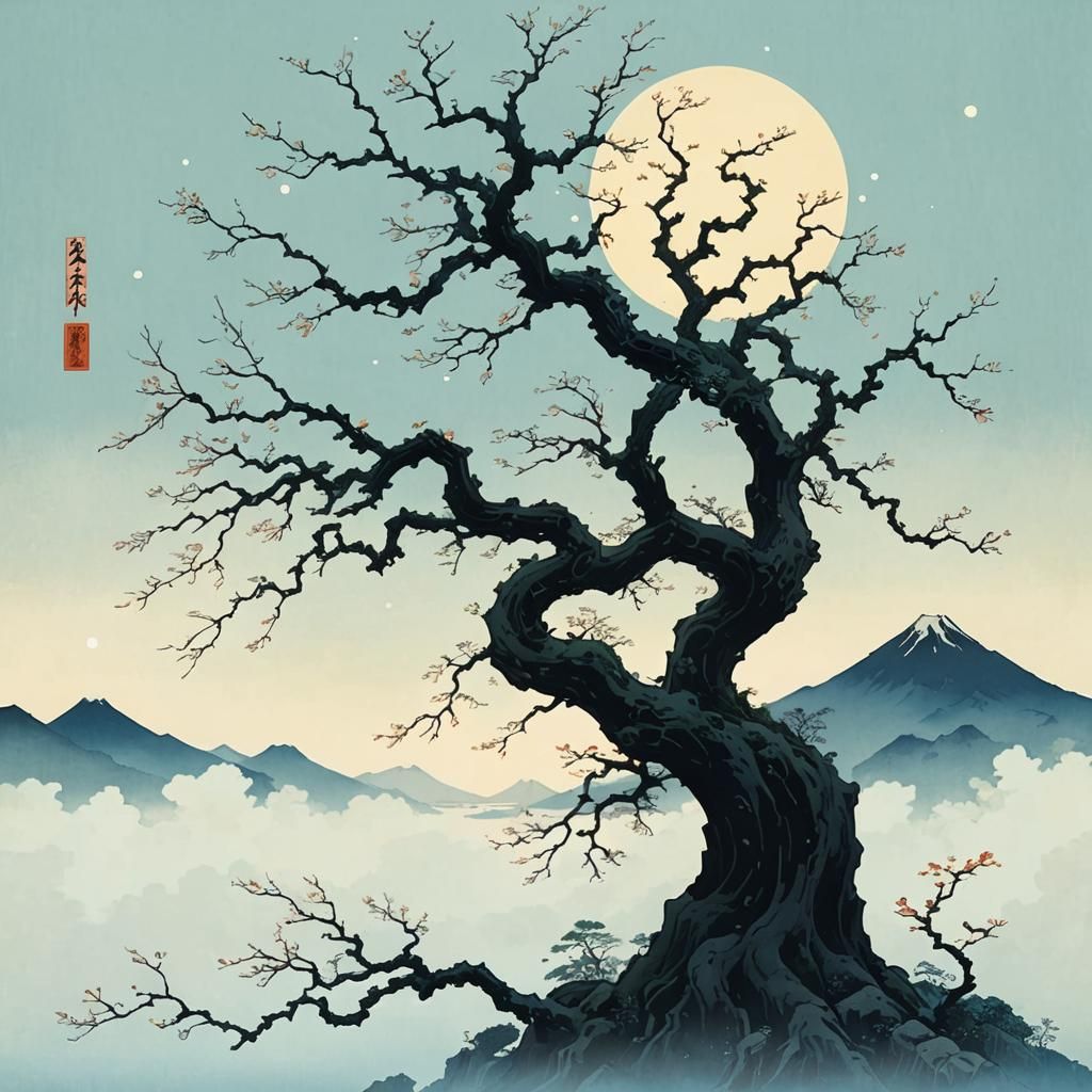 Japanese Landscape with Ancient Tree in Ukiyo-e Style