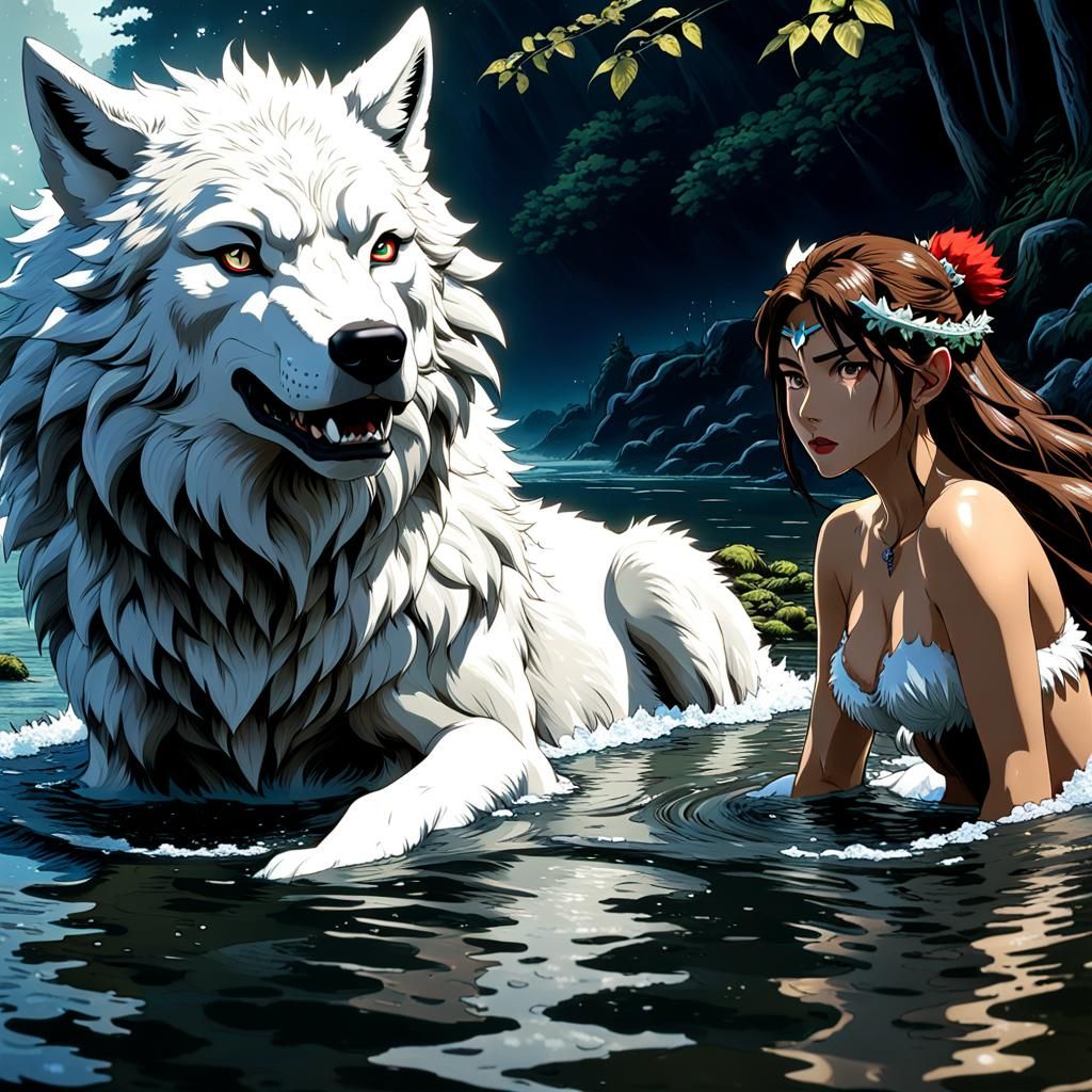Hyperrealistic Princess Mononoke Bathing Scene