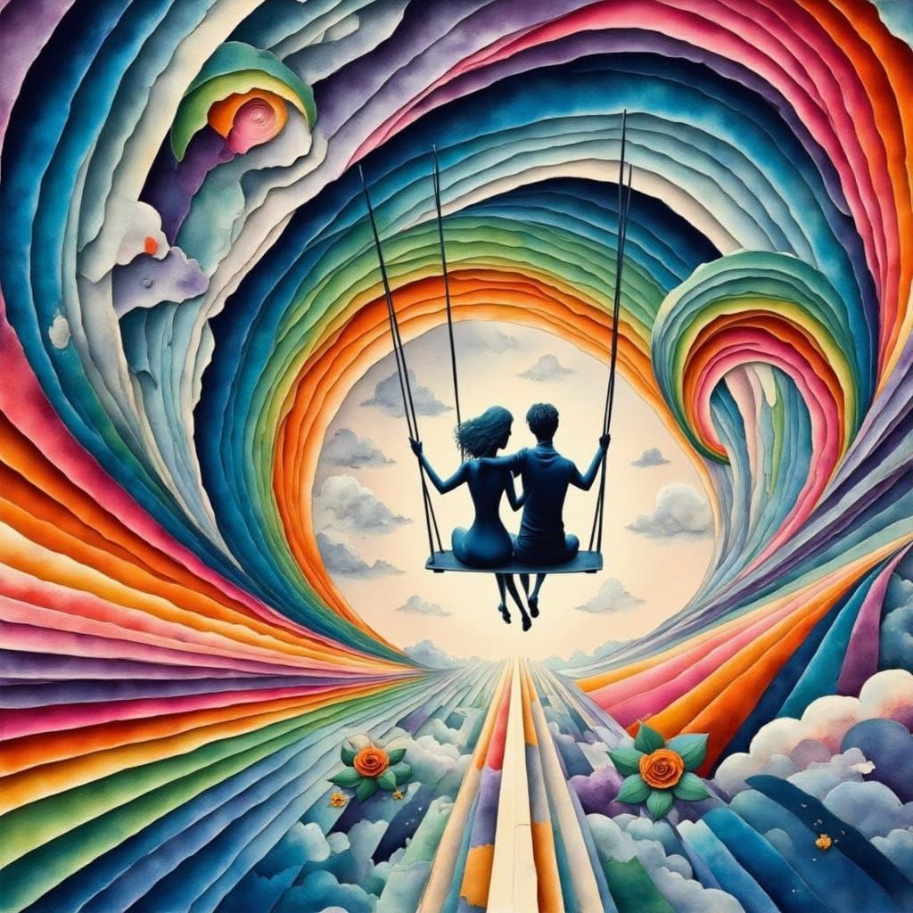 Elegant Couple on Flower Swing in Surreal 3D Style