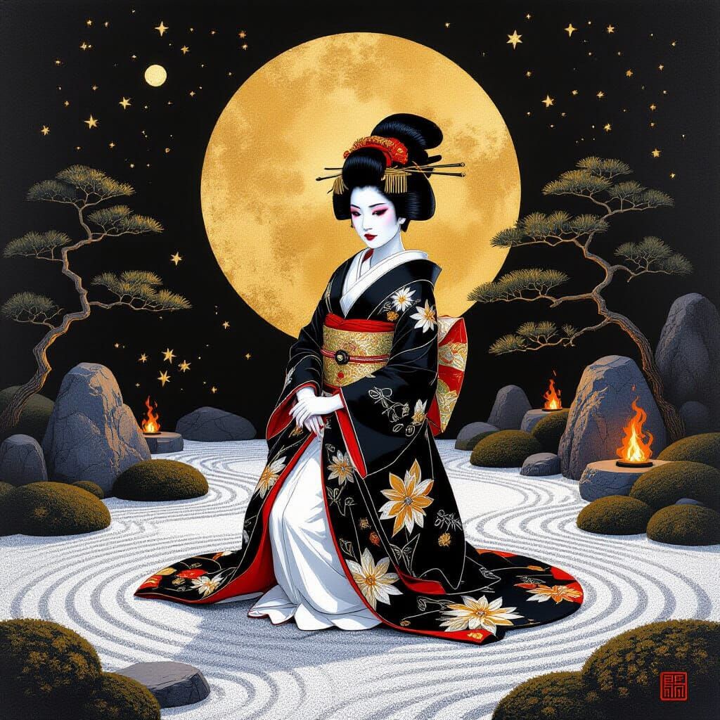 Gothic Geisha in Zen Garden with Dramatic Lighting