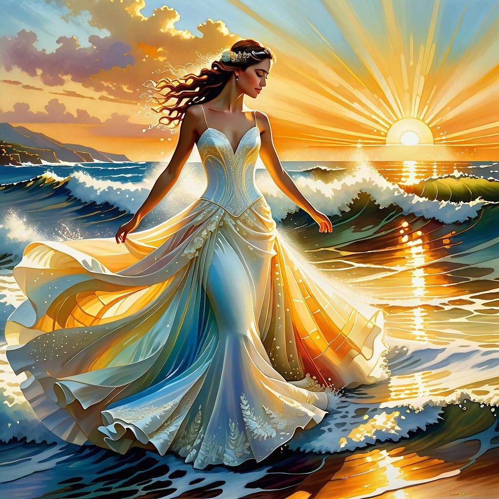 Bride Dancing in Ocean Waves Watercolour Illustration