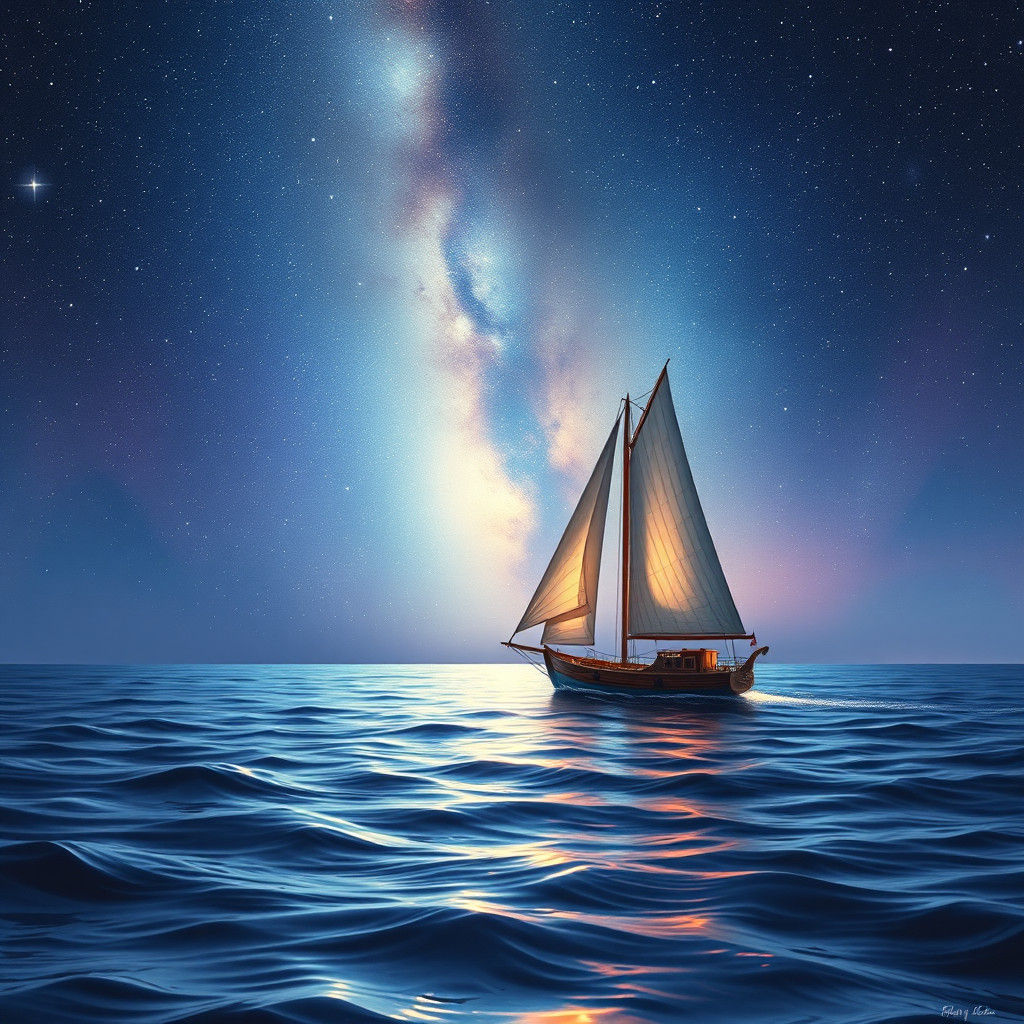 Ethereal Sailboat Drifting Under Milky Way Sky