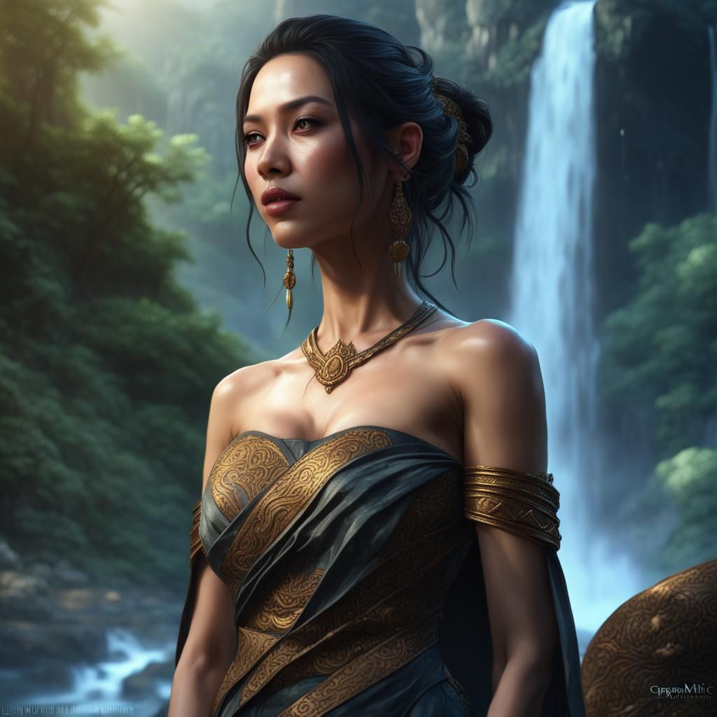 Thai Woman at Waterfall in Dark Fantasy Style