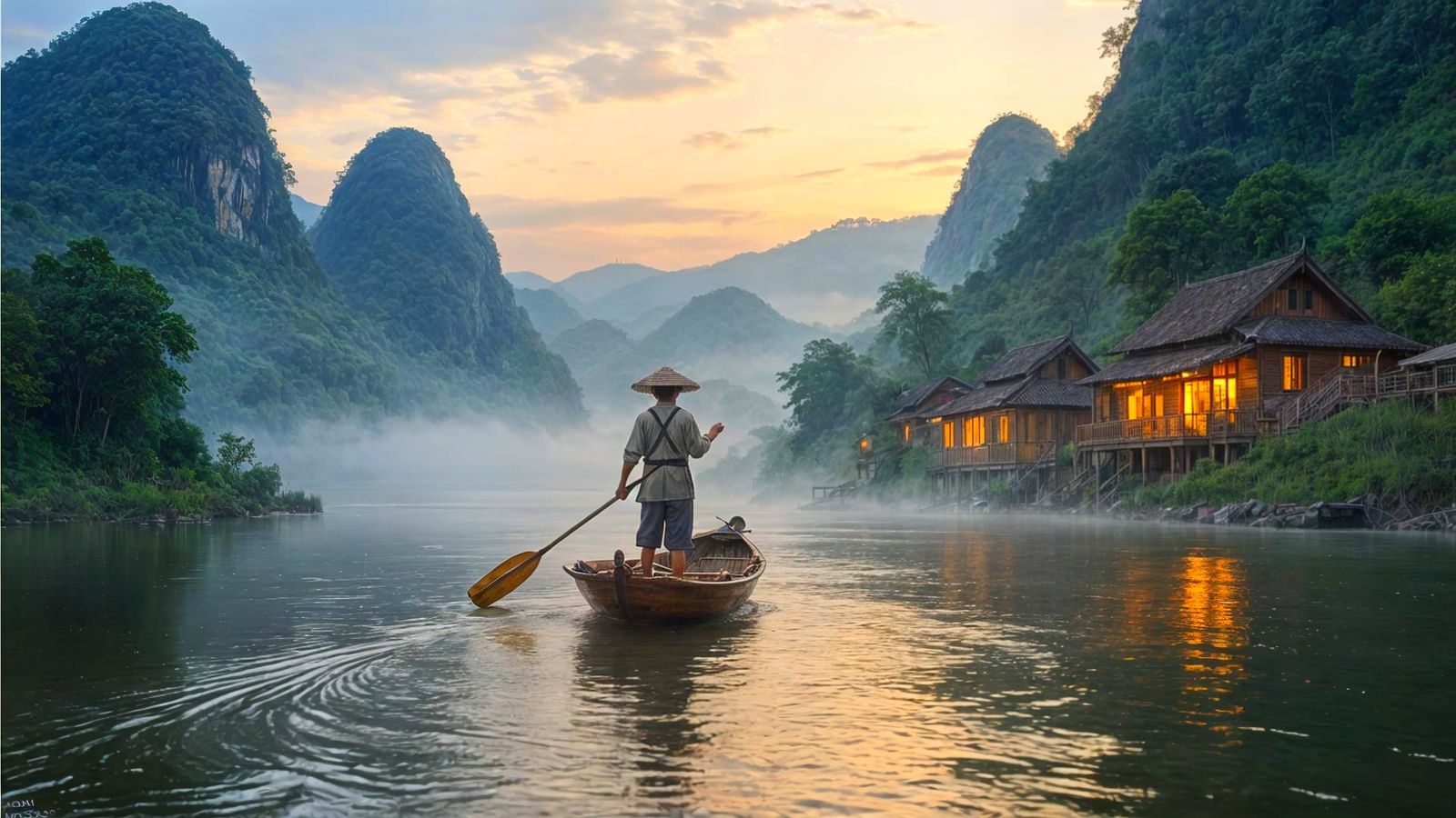 Fisherman Paddling on Mekong River at Dawn